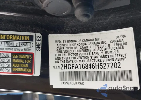 2006 Honda Civic Ex from USA, damaged, VIN 2HGFA16846H527202